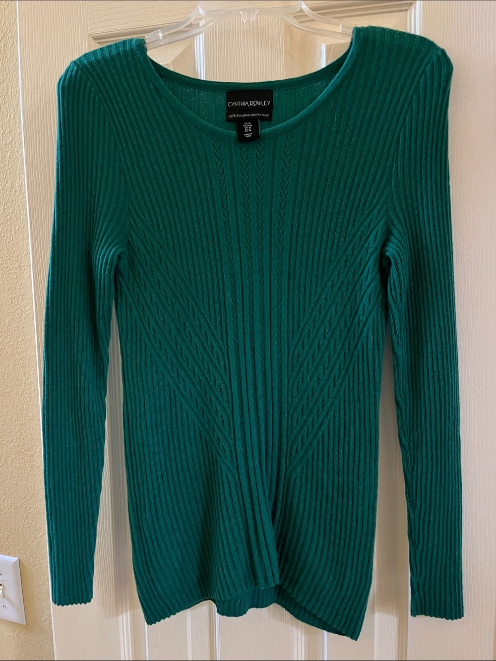 Cynthia Rowley Teal 100% Merino Wool Textured Ribbed Crewneck Sweater